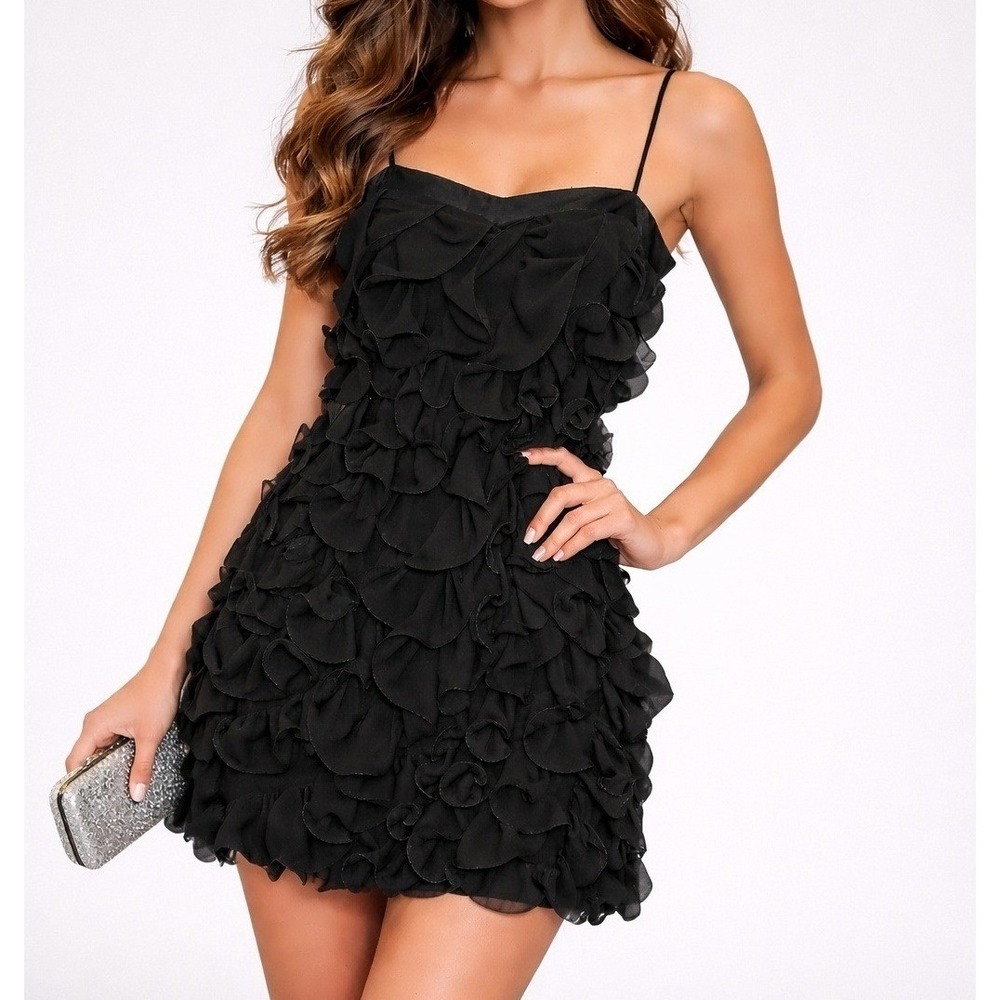 B Darlin Womens Dress Juniors 7 Black Ruffle Front Mini Cocktail Coquette Party